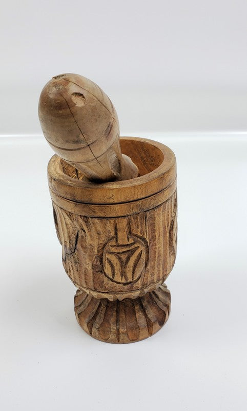 Wooden Antique Pyrographed Mortar and Pestle, Mortar and Pestle