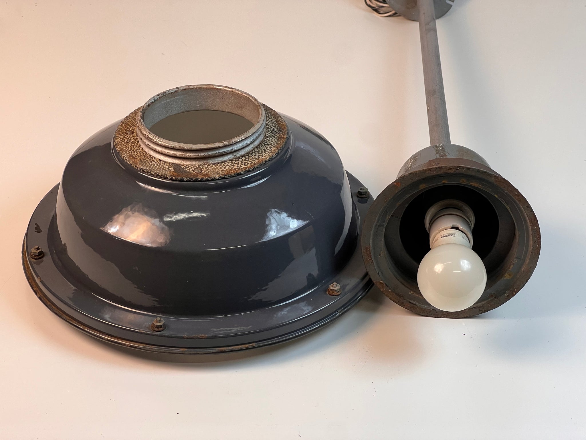 Antique Grey Porcelain Enamel Light Fixture 