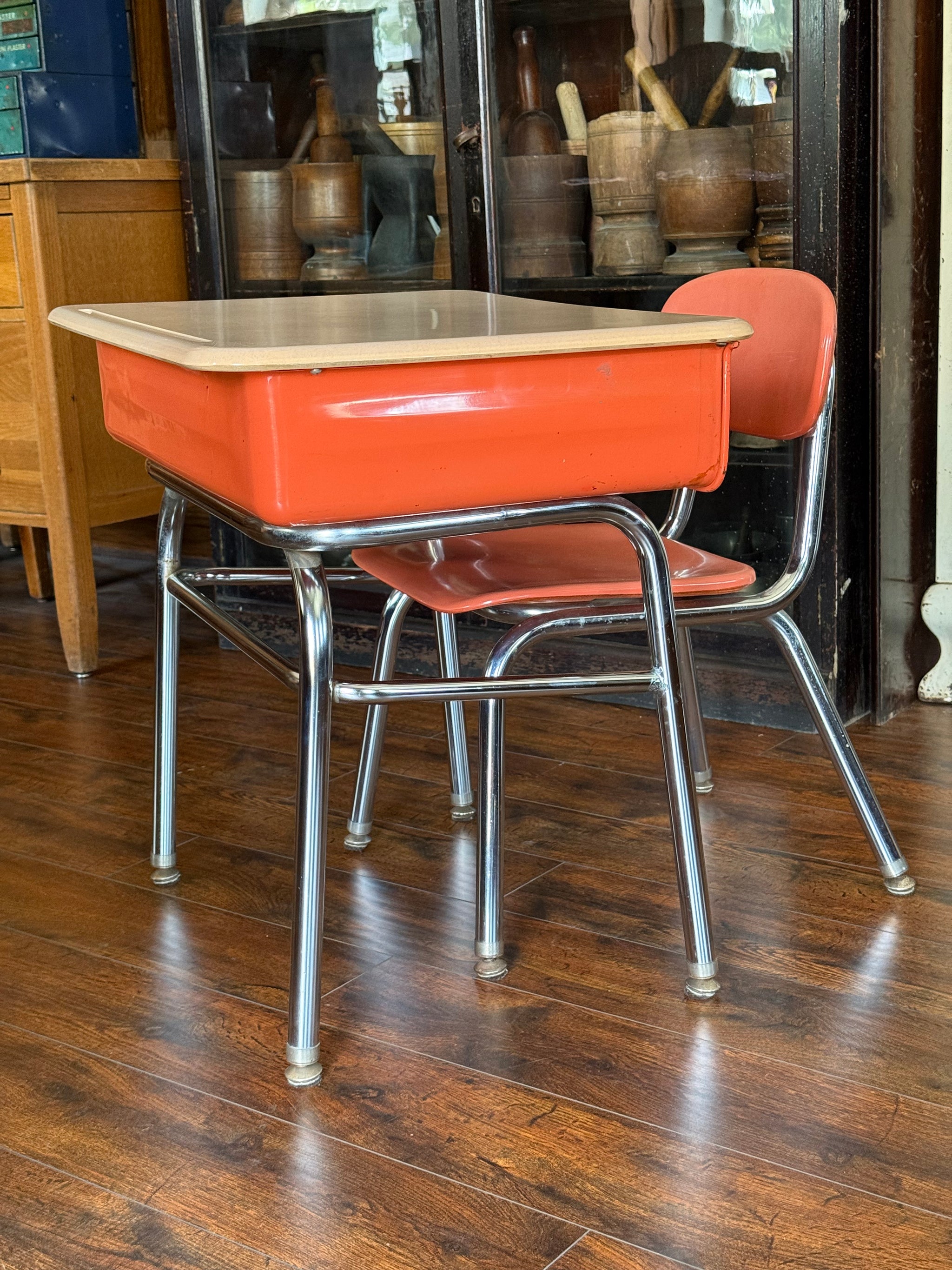 Mid-century salmon, vintage metal school desk, and chair
