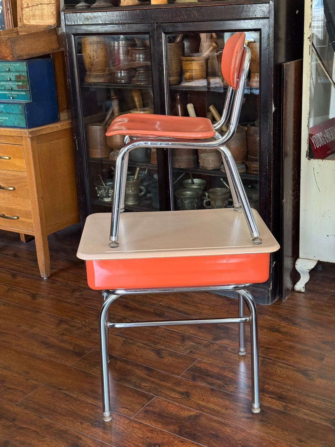 Mid-century salmon, vintage metal school desk, and chair