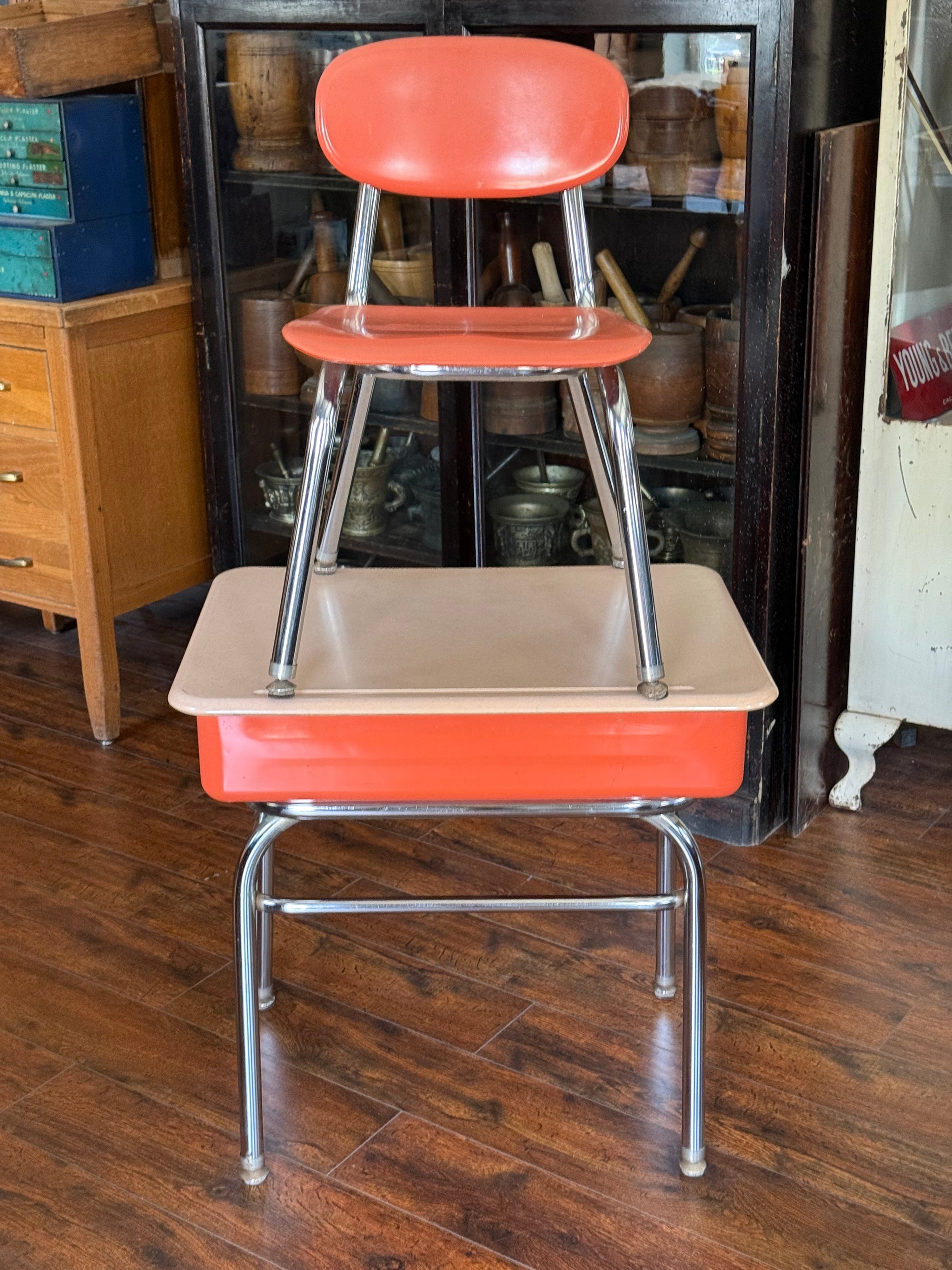 Mid-century salmon, vintage metal school desk, and chair