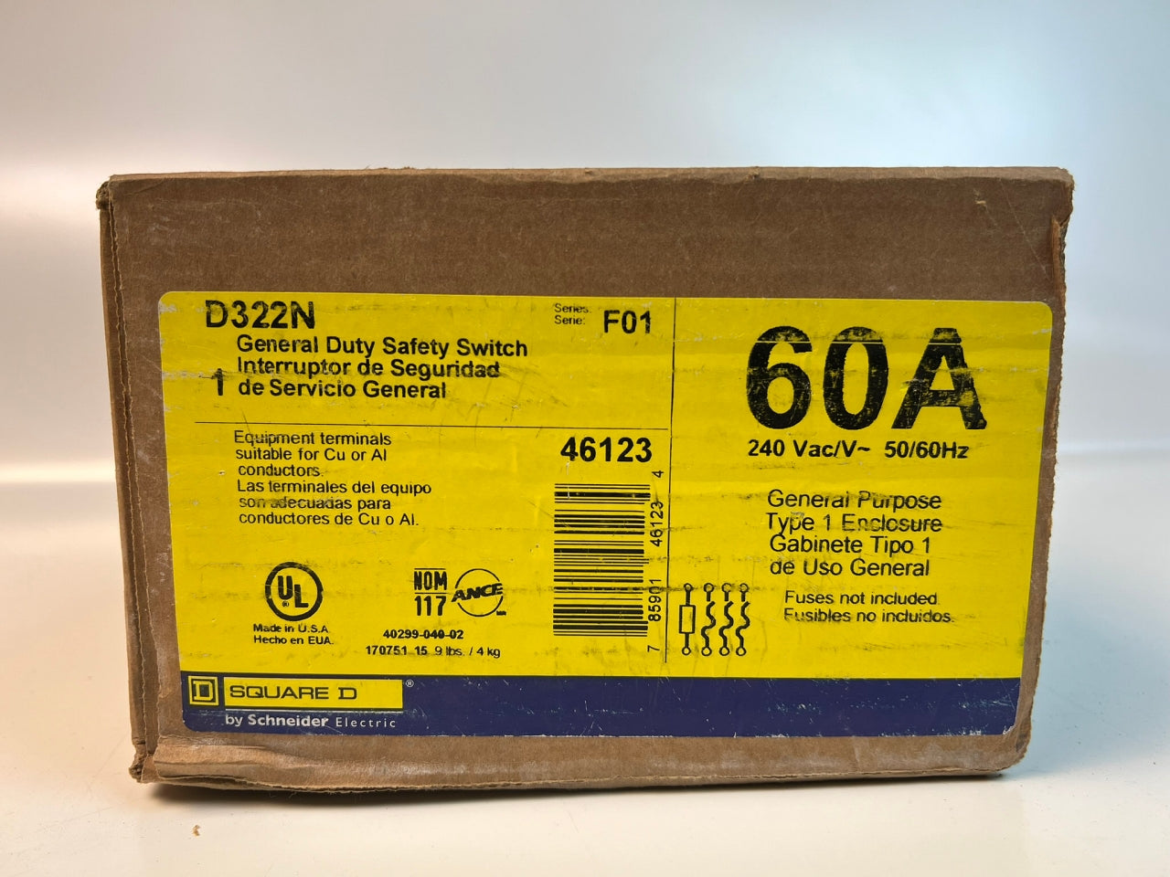 Square D D322N Safety Switch Fusible 60A 3P NEMA-1 240V , Single Throw
