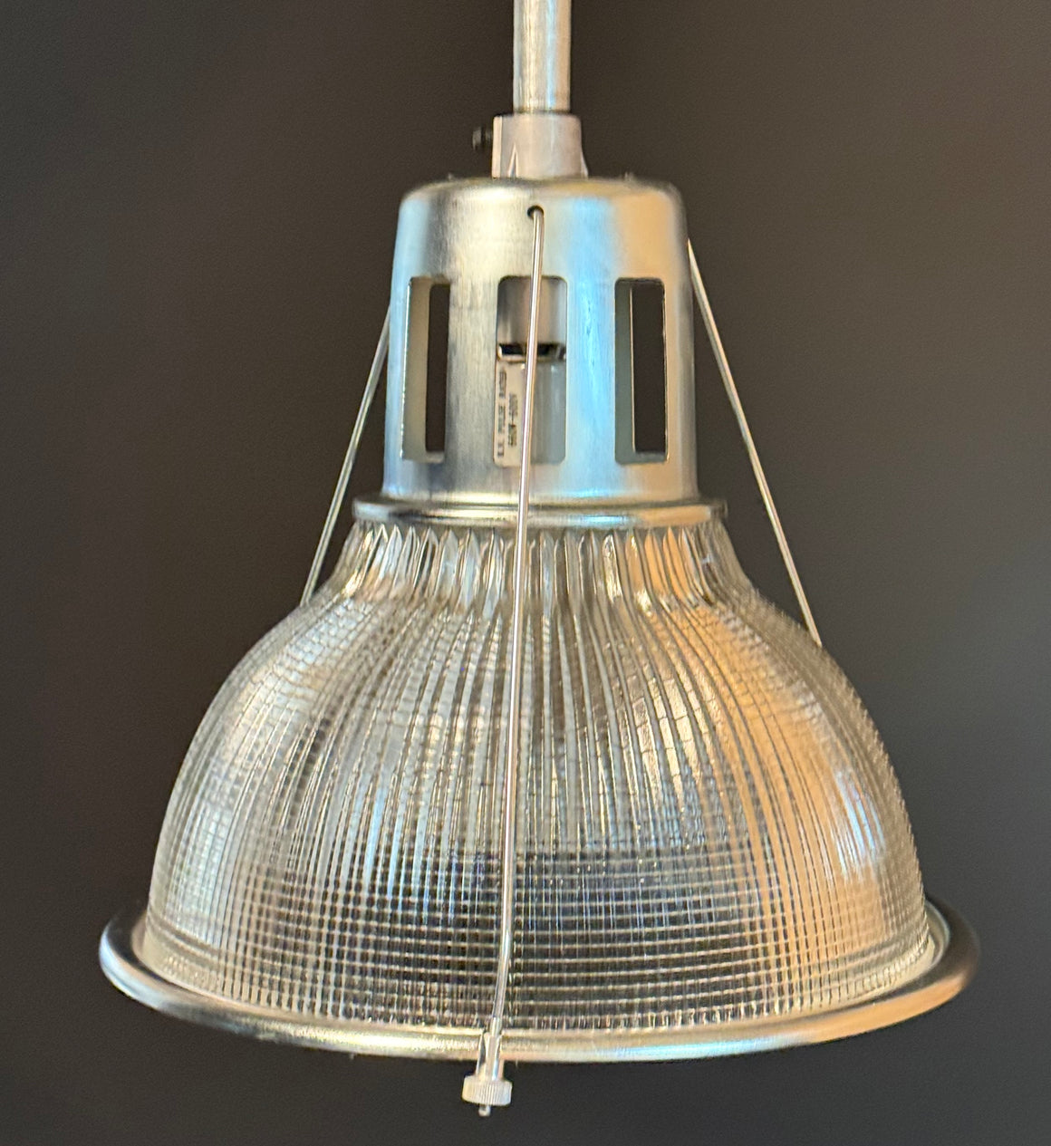 Salvaged prismatic Holophane light pendant 