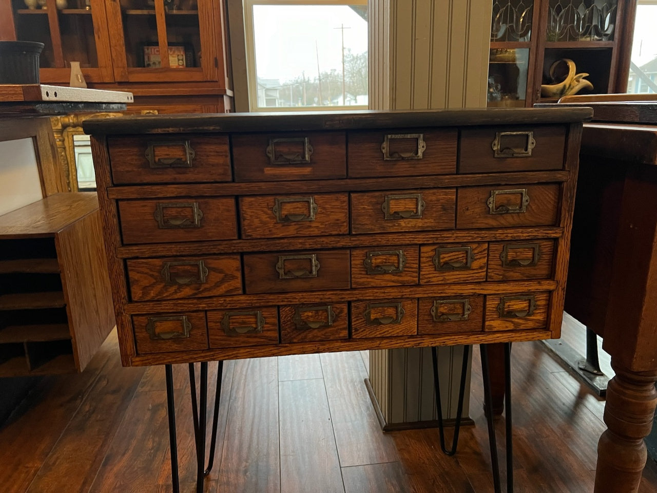 Antique Oak Library Card File Cabinet Table Stand W/Hairpin Legs Antique Oak Library Card File Cabinet Table Stand W/Hairpin Legs