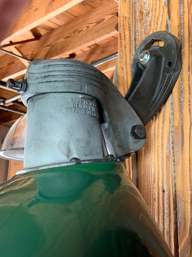 Antique Benjamin Barn Green Enamel Light Fixture Old School Warehouse