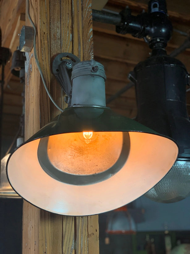 Antique Benjamin Industrial Green Porcelain Enamel Light Fixtures