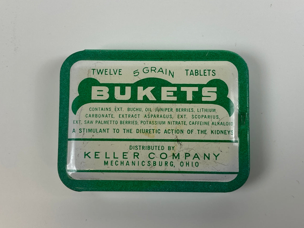 FULL Vintage Bukets Tin Medicine Kidney Aspirin Keller Company Mechanicsburg Ohio